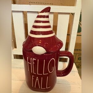 Rae Dunn Red HELLO FALL Gnome Mug with Hat Lid